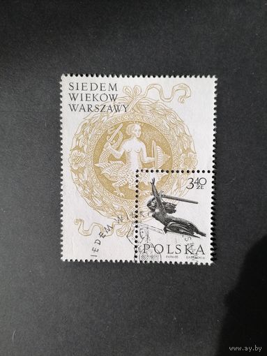 Польша 1965 Блок Mi.37 с маркой "Семь веков Варшаве" (спецгашение без клея, след от наклейки) марка Mi.1605 каталог 0.90 евро