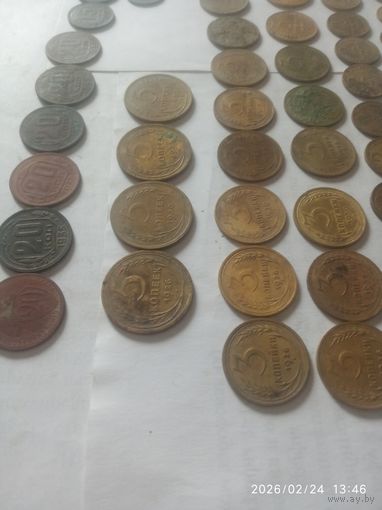 Ранние монеты СССР. Погодовка , без повторов. 1 коп,2 коп,3 к, 5 к 10, 15 ,20 коп. Большая часть, монет в отличном состоянии. Не чищены   58 штук.