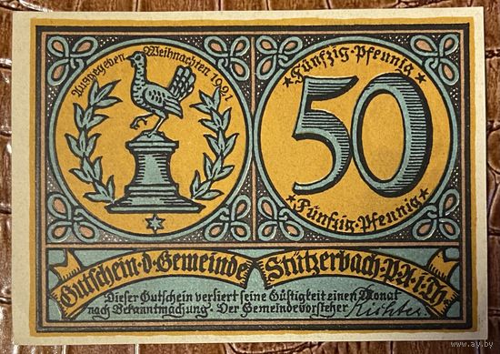 Нотгельд 50 пфеннигов 1921 год. Штютцербах,. Веймарская республика
