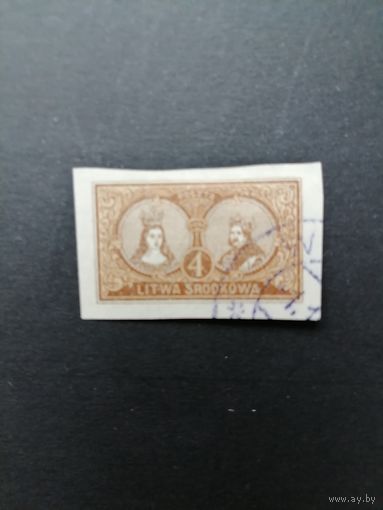 Центральная Литва 1921 Марка из серии "Властители Польши и Литвы. Королева Польши Ядвига и Великий князь Литвы и король Польши Ягайло" (гашеная без клея с наклейкой) Mi.37В каталог 1.50 евро
