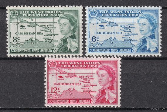 36.BrKS. Великобритания. Колонии. Сент Кристофер Невис и Ангилья. Создание Британской Вест- Индийской федерации.  1958 г. Полная серия. MNH. Mi.##129-131.