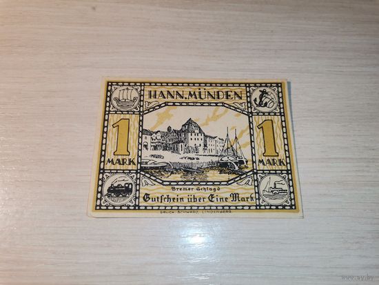 Нотгельд номиналом 1 марка , 1922 года, город Ганноверш-Мюнден, Германия.