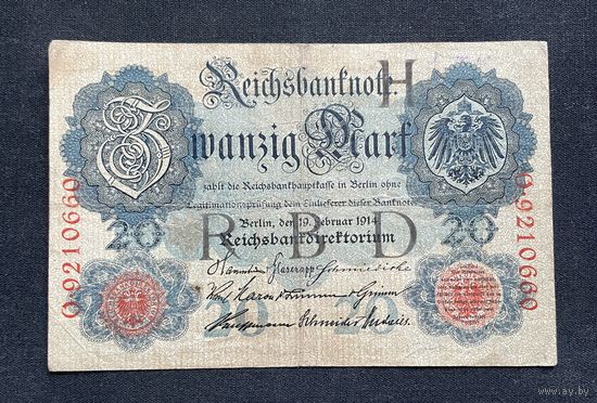 20 марок 1914 год / Германская империя банкнота тип 1906 года / RBD H O-9210660 / семь цифр