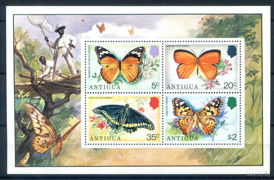 Антигуа - 1975г. - бабочки - 1 блок - полная серия, MNH, есть маленькое пятнышко-повреждение клея [Mi bl. 22]. #3-WB-Z-2-17