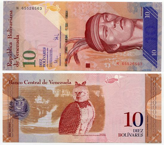 Венесуэла. 10 боливаров (образца 2009 года, P90b, UNC)