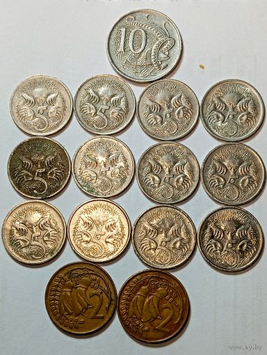 Австралия 10 центов 1980 года , 5 центов 1966 , 1968 , 1981 , 1987 , 1999 , 2001 , 2003 , 2004 , 2006 , 2012 , 2014 , 2016 года и 2 цента 1967 , 1969 года .