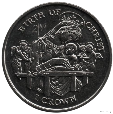 Остров Мэн (Коронное Владение). 1 крона 1997. Рождество. 2000- летие Рождения Христа. Матерь Божия с Иисусом.