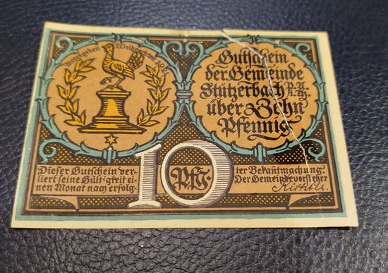 Нотгельд. 10 пфенниг 1921 надорвана