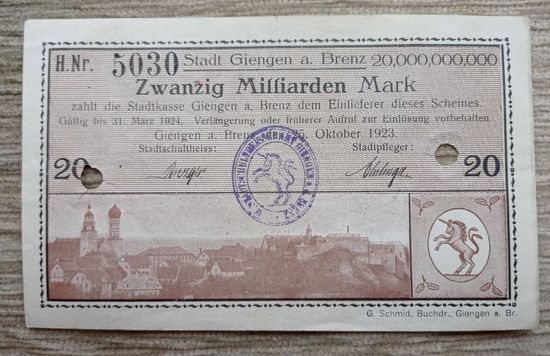 Werty71 Германия 20 миллиардов марок 1923 банкнота Гроссгельд Бренц Гашение