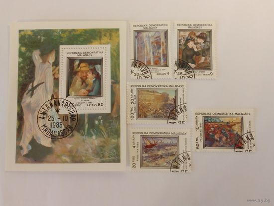 Марки   живопись  Картины импрессионистов  1985г.   Мадагаскар    6шт -  5,0 руб.