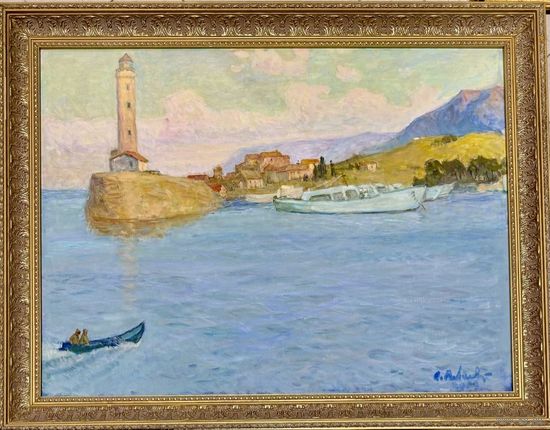 Козловский А.С "Пейзаж с маяком.Средиземное море", 2009г. Холст, масло. Размер с рамой 94,5х74 см.