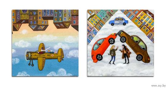 Открытки квадратные. Зима. Город. Машины. Самолёт. Транспорт. Лётчик. Небо. Худож. И.Римашевский (чистая)
