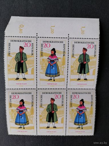 ГДР 1964 Шести блок марок серии "Национальный костюм" (чистые**, левый угол листа имеет узкое место но не затрагивает марки) Mi.1078-1079 каталог 15.00 евро