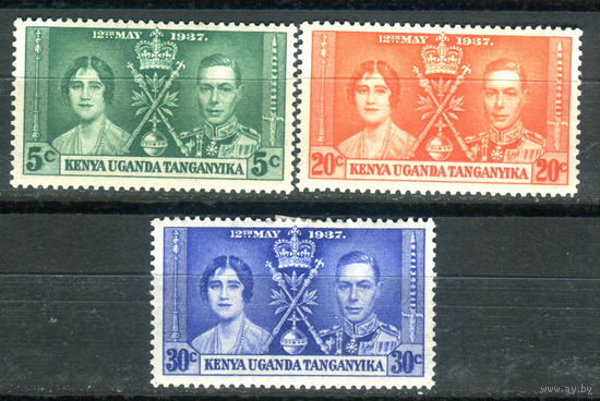 Британские колонии - Кения, Уганда и Танганьика - 1937г. - коронация короля Георга VI и королевы Елизаветы - 3 марки - полная серия, MNH, 1 марка с незначительным дефектом клея, MH [Mi 49-51]. #2-Bc-D-KS-1