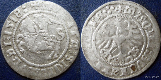 Полугрош 1518 года, H55 K по каталогу Багдонаса-Гулецкого, нестандартный разделитель в легенде реверса.