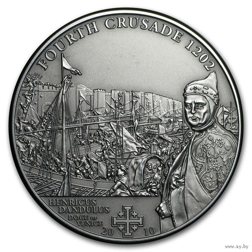 Острова Кука 5 долларов 2010г.  "История крестовых походов: Четвёртый Крестовый поход". Монета в капсуле; номерной сертификат. СЕРЕБРО 25гр.