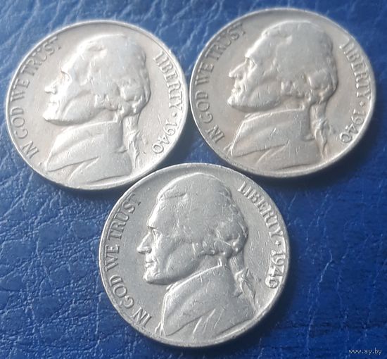 5 центов  1940 D P S США  все три МД 3 монеты