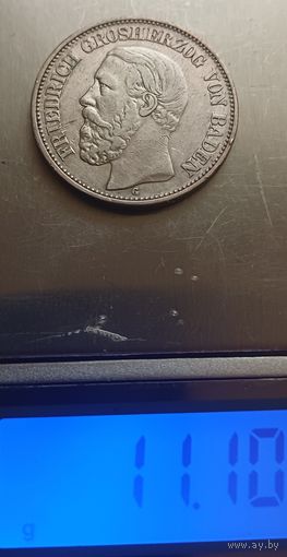 2 марки 1900 г. 900пр., Баден . Германия.Тираж 222 219 т.Патина.