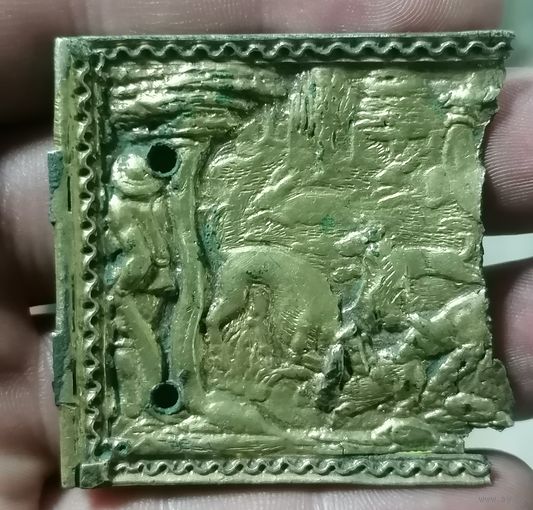 Часть серебряной шкатулки или чего-то другого, сцена охота, шикарная работа, литье, позолота