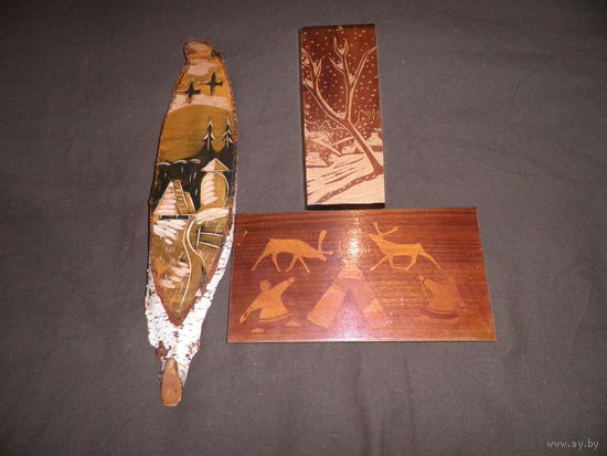 Панно настенное живопись-резьба на срезе дерева картина Осень,Зима,маркетри оленеводы,1970 е г.СССР.С рубля.