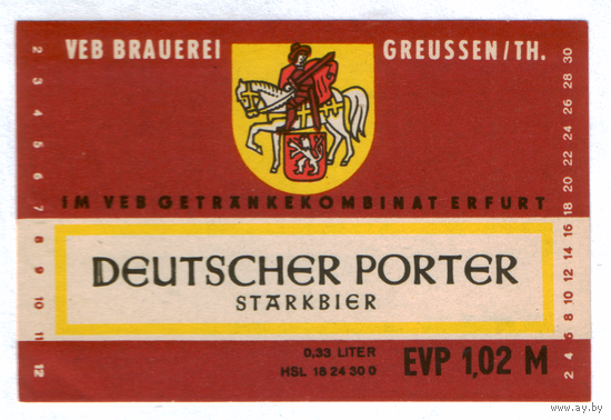 Этикетка пива Deutscher Porter Германия П749