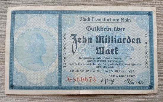 Werty71 Германия 10000000000 10 миллиардов марок 1923 банкнота Франкфурт-на-Майне