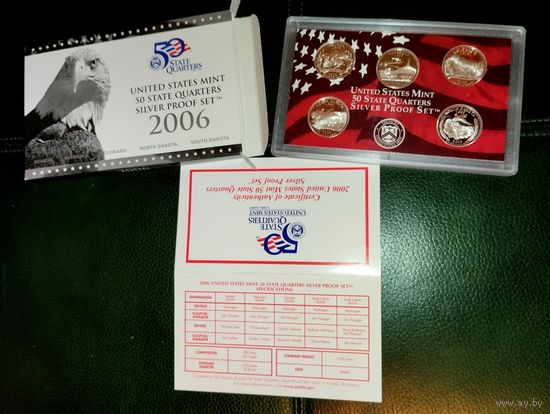 США 2006 Набор серебряных квотеров Silver Proof Set Сертификат оригинальная упаковка серебро .900 проба