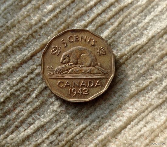 Werty71 Канада 5 центов 1942 Георг 5 Бобр жёлтая томпак Блеск
