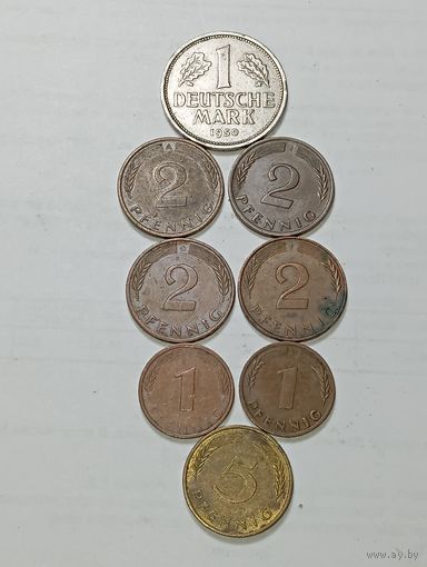 ФРГ 1 марка 1950 года F , 5 пфеннигов 1988 F , 2 пфеннига 1966 J , 1989 F , 1992 A , 1992 G , 1 пфенниг 1950 G , 1972 J  года .