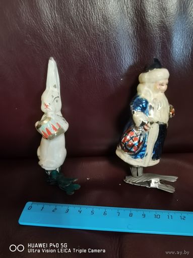 Елочные игрушки СССР зайчик с барабаном и дед мороз  самая привлекательная цена трёхдневный аукцион