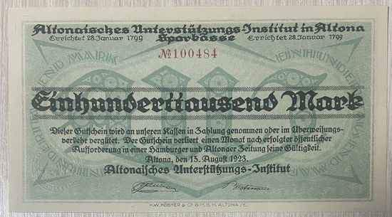 Банкнота 100000 марок. 1923 год. Альтоне. Веймарская республика.