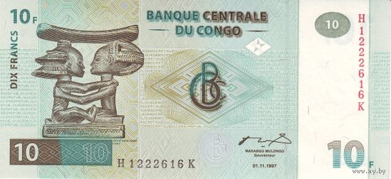 Конго 10 франков образца 1997 года UNC p87b