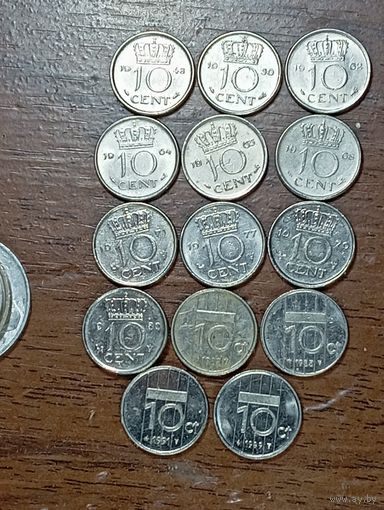 Недерланды 10 центов 1948,1950,1962,1964,1965,1968,1971,1977,1979,1980,1982,1985,1991,1999 года . С рубля