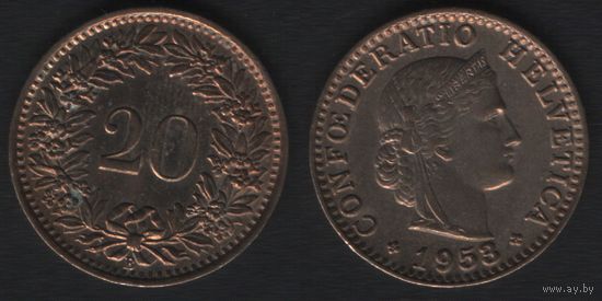 Швейцария km29a 20 раппен 1953 год (B) (_7 ТОРГ