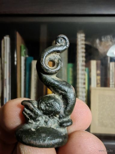 ПЕЧАТЬ СТАРИННАЯ, БРОНЗА, РУКОЯТКА В ВИДЕ РЫБЫ, КОНЕЦ 17 СЕРЕДИНА  18 ВЕКА