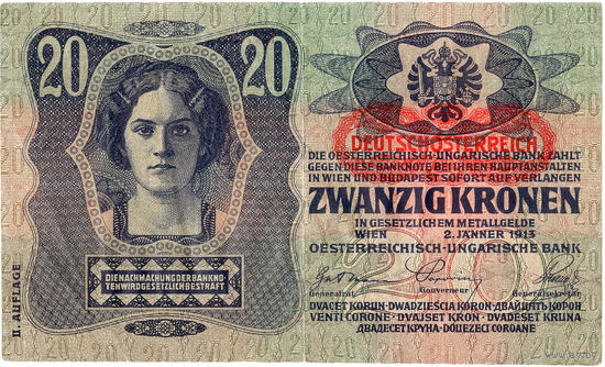 Австрия, 20 крон, 1919 г. Надпечатка