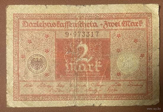 Банкнота 2 марки 1920 год. Веймарская республика.