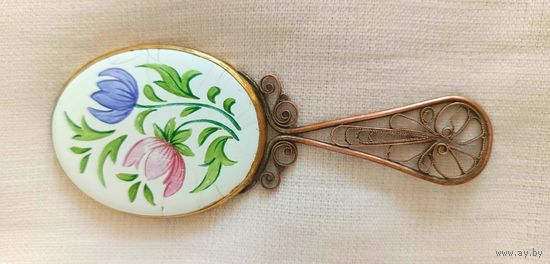 Антикварное зеркальце "Цветы". Медь, эмаль