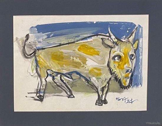 Акулов В.И "Зубр", 1994г. Смешанная техника. Размер с паспарту49х37 см.