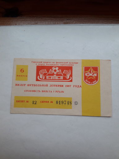 Лотерейный билет Футбольная лотерея(ст. СКА Ростов-на-Дону) 1987 вып 6