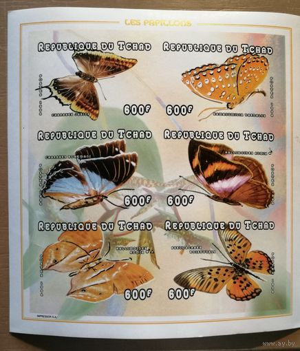 Марка Чад 2005 г., коллекционный блок - фауна Африки, бабочки