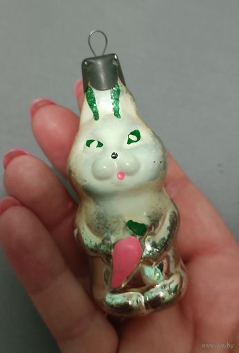 Ёлочная игрушка, стекло, заяц с морковкой