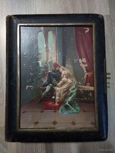 Старинный фотоальбом (кожа, золотой срез, живопись, размеры 27х22х6 см)