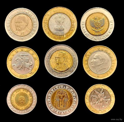 9 БИМЕТАЛЛИЧЕСКИХ МОНЕТ ИЗ 7 СТРАН МИРА