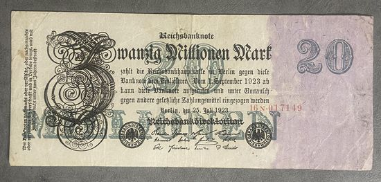 Банкнота 20 миллионов марок 1923 год. Веймарская республика