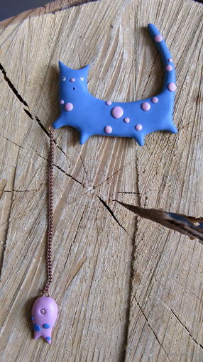 Котик - рыболов, двойной магнит или двойная брошь ручной работы