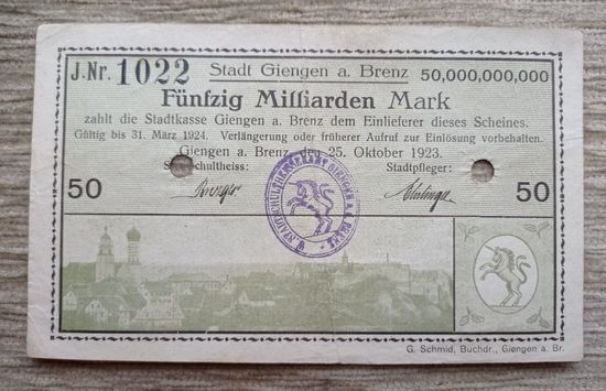 Werty71 Германия 50 миллиардов марок 1923 банкнота Гроссгельд Бренц Гашение