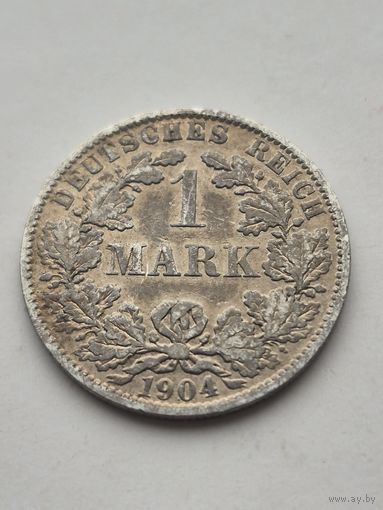 1 марка 1904 года. Германия. Вильгельм II. Серебро 900. Монета не чищена. 45429