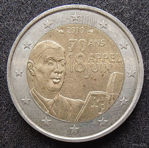 2 евро. Франция. 2010 год. 70 лет речи Шарля де Голля 18 июня