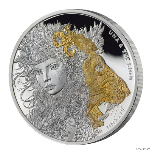 Остров Святой Елены 1 фунт 2024г. "Уна и Лев". 24K Gold. Монета в капсуле; подарочном футляре; сертификат. СЕРЕБРО 31,10гр.(1 oz).